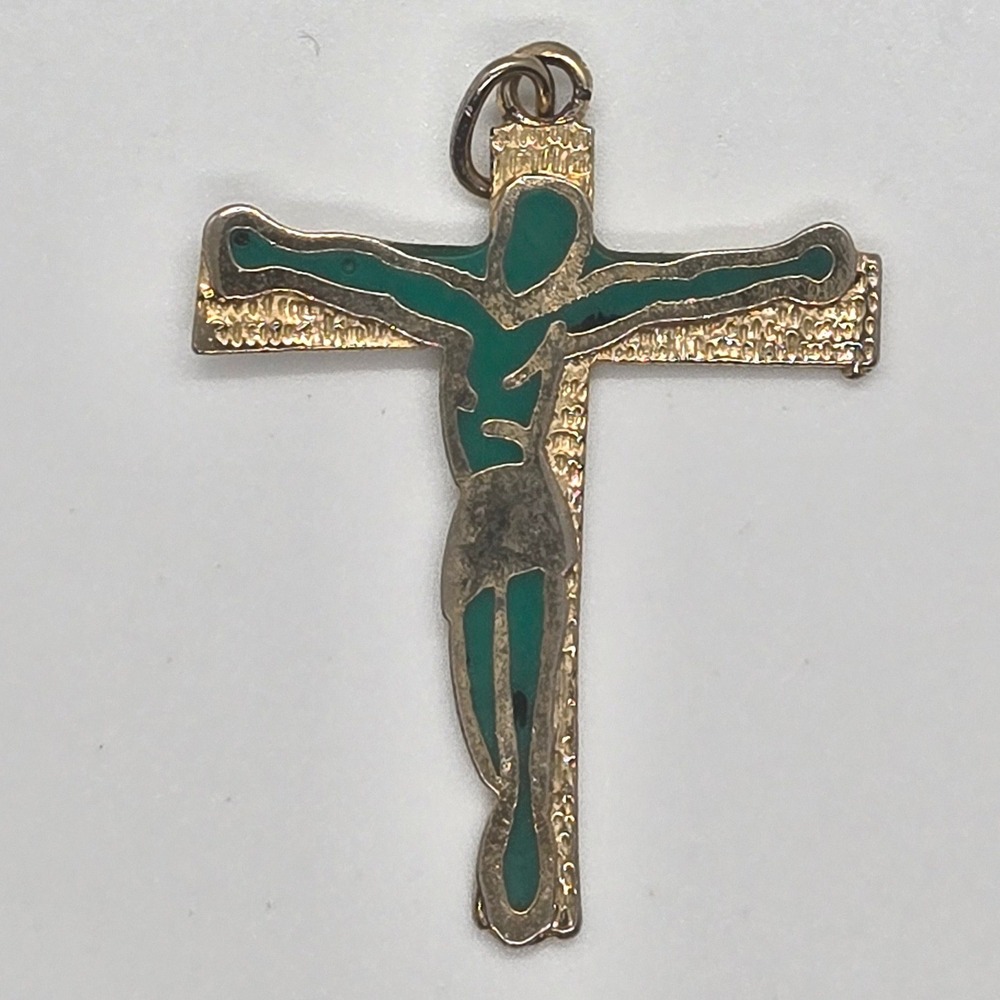 Vintage Jerusalem Green Enamel Crucifix Pendant Holy Land Charm 1.25"
